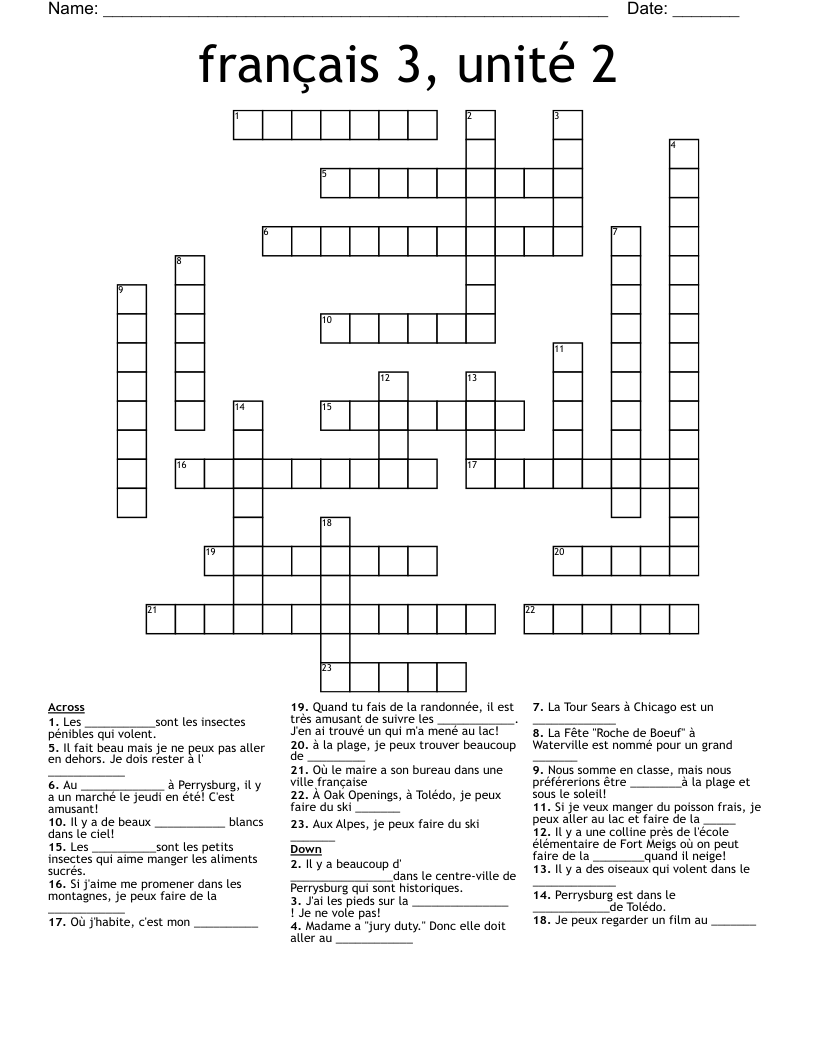 français 3, unité 2 Crossword