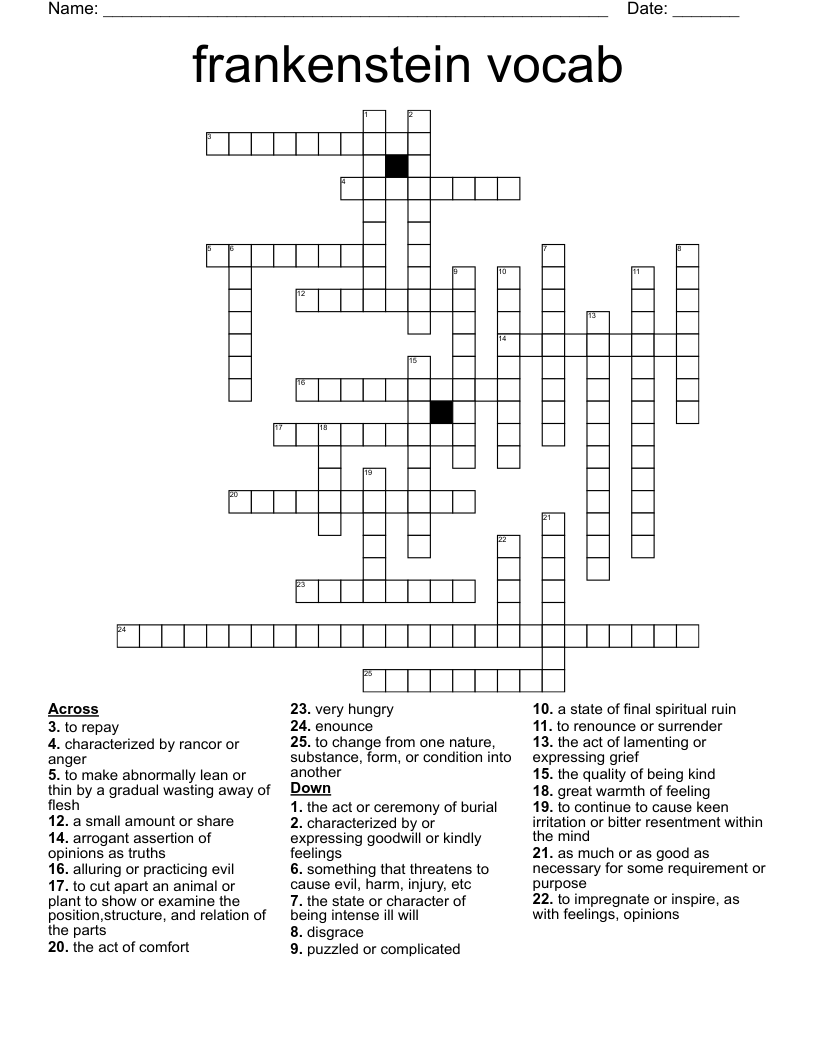 frankenstein vocab Crossword