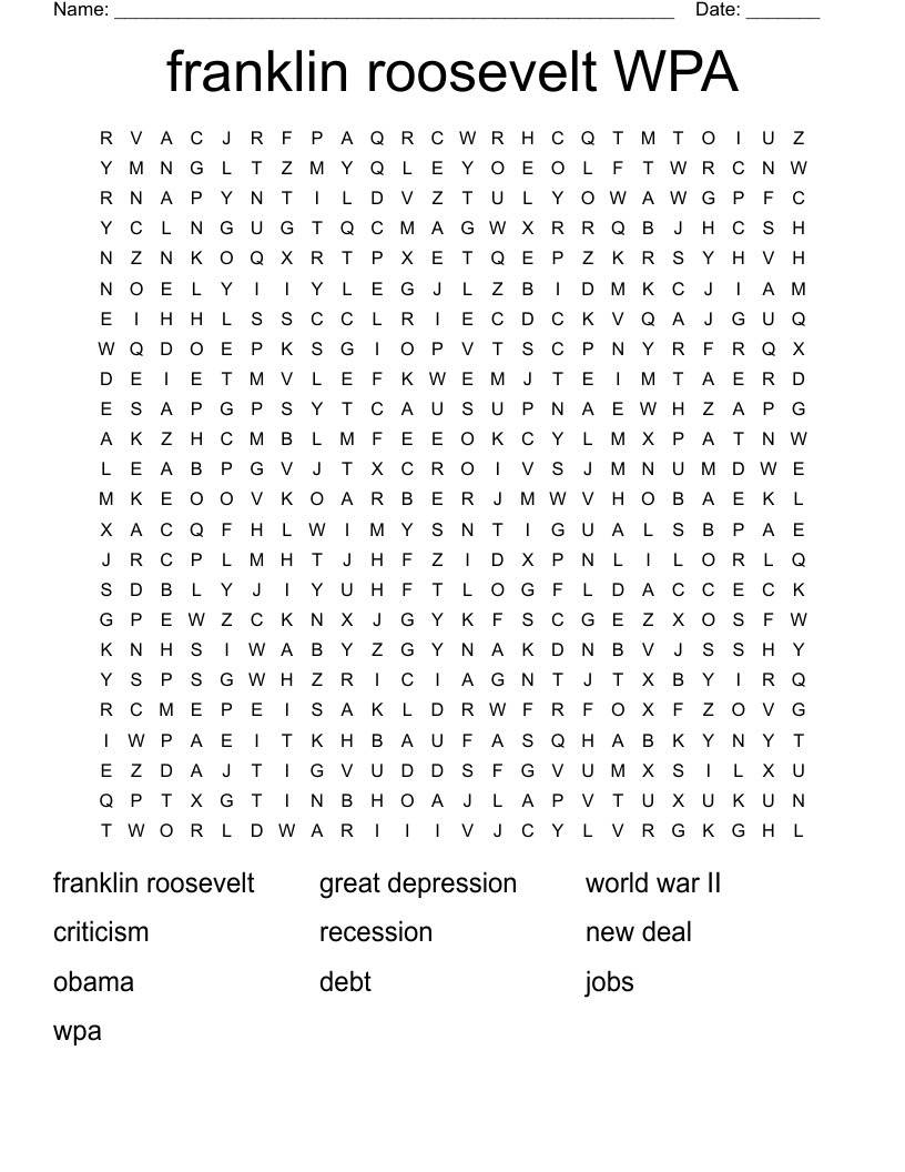 franklin roosevelt WPA Word Search