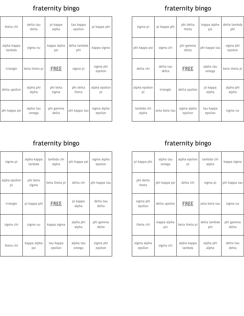 fraternity bingo