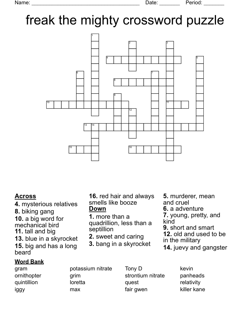 freak the mighty crossword puzzle