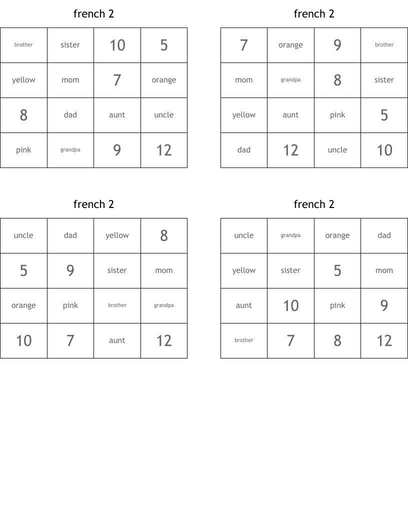 french 2 Bingo Cards