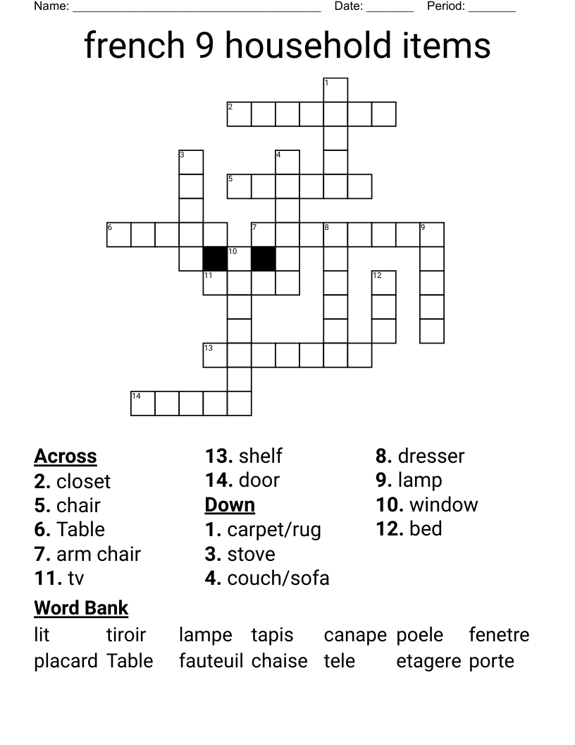 french 9 household items Crossword