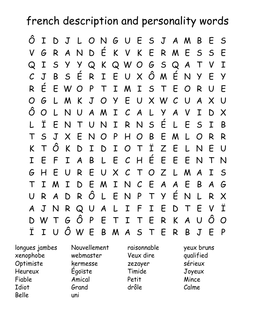 french description and personality words Word Search