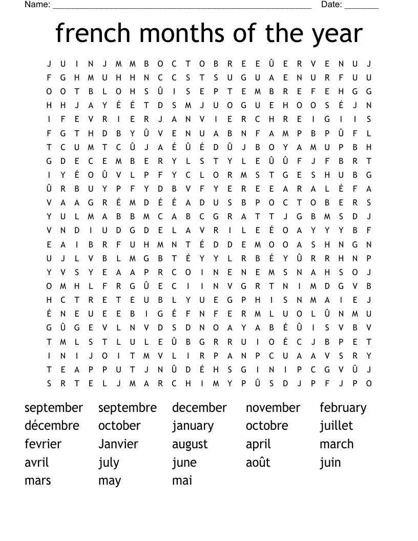 french months of the year Word Search