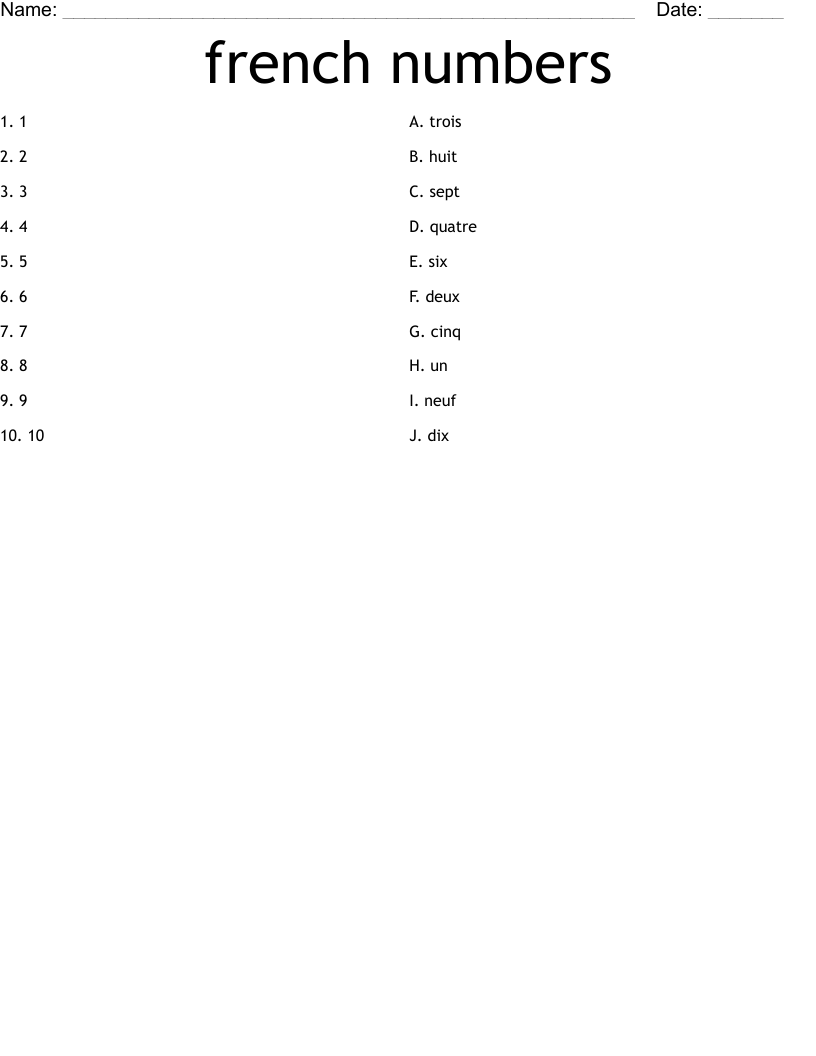 french numbers Worksheet