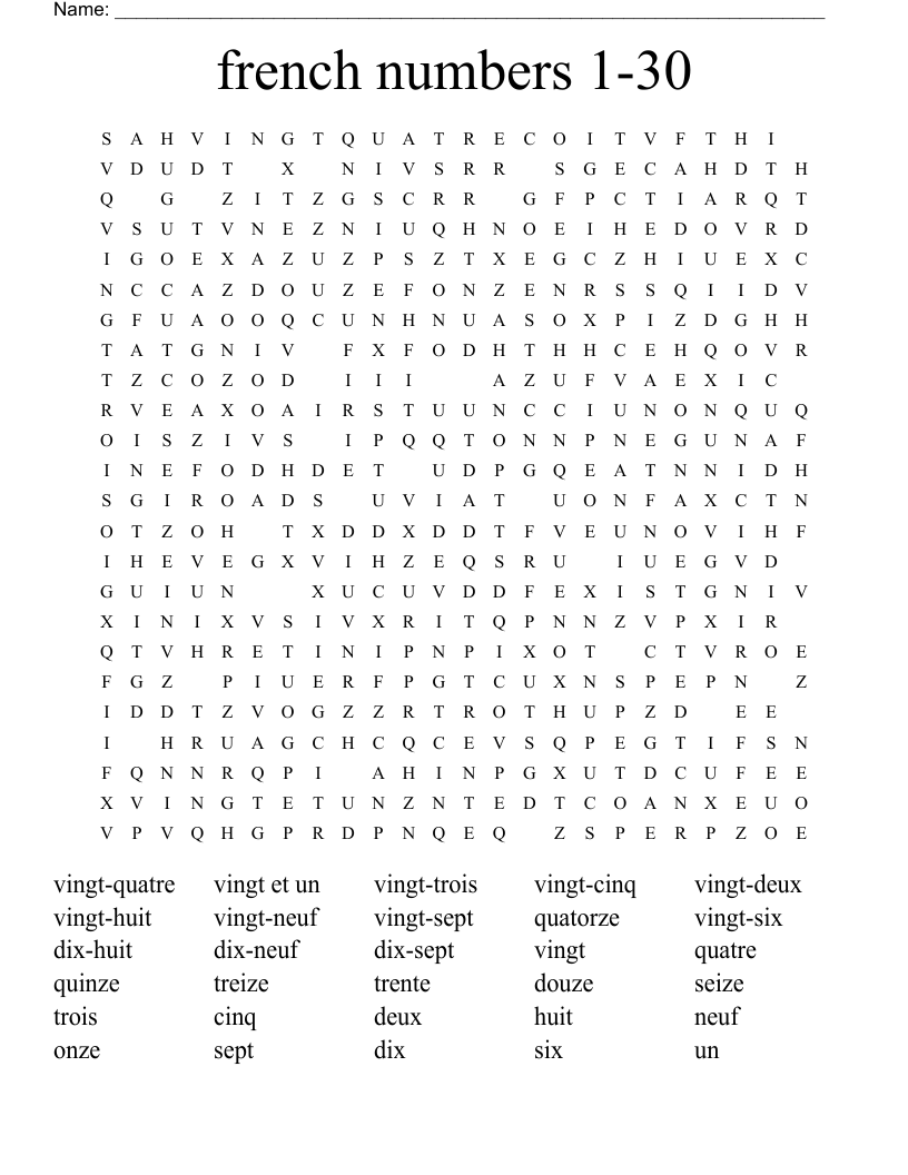 french numbers 1-30 Word Search