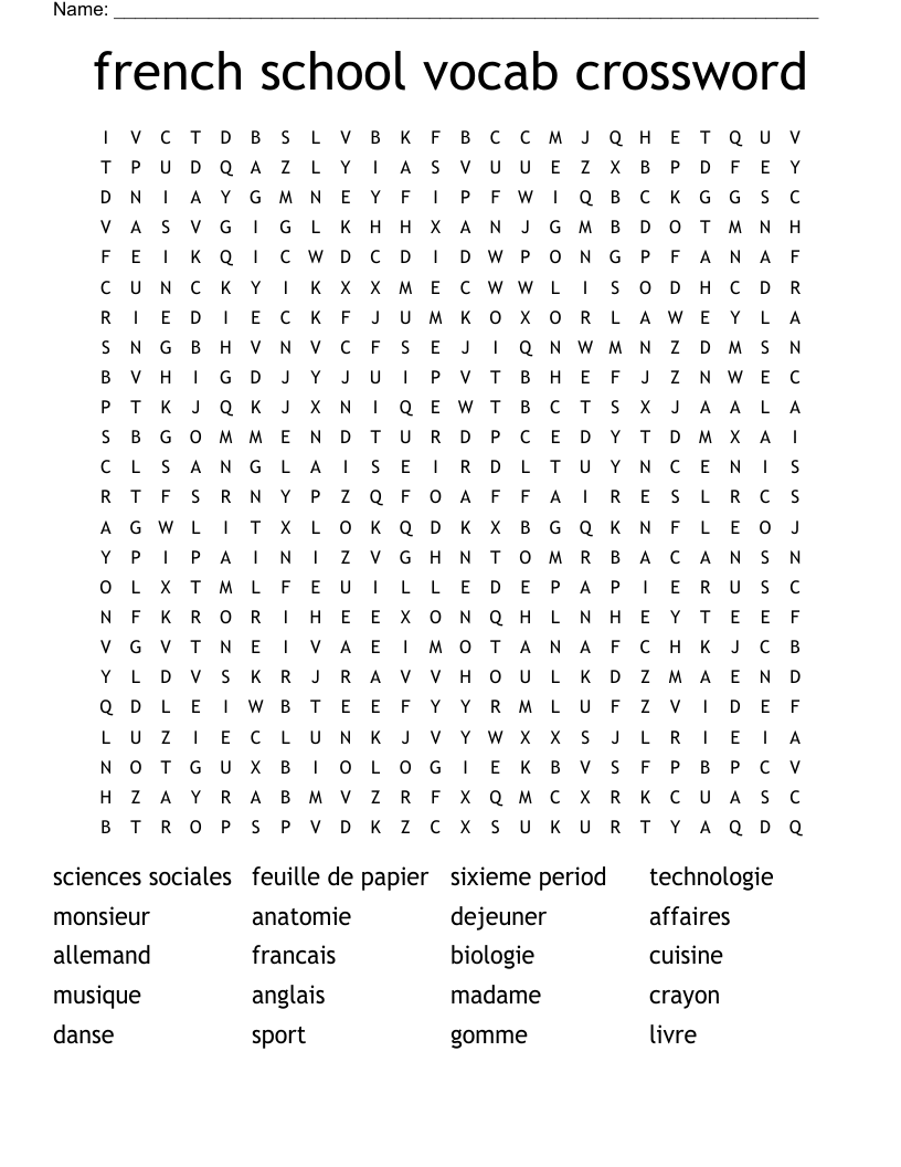 french school vocab crossword Word Search