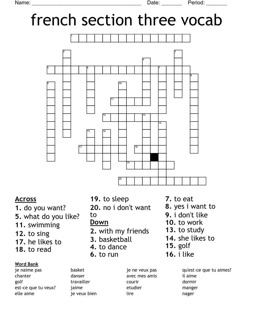 french section three vocab Crossword
