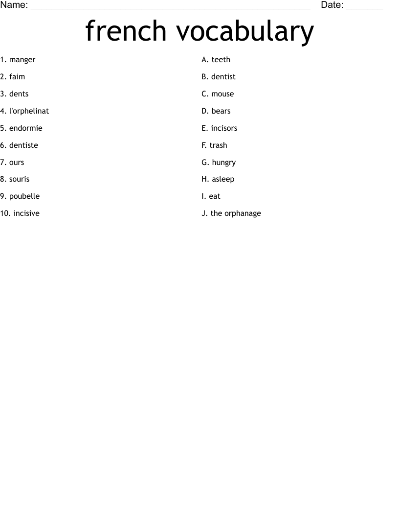 french vocabulary Worksheet