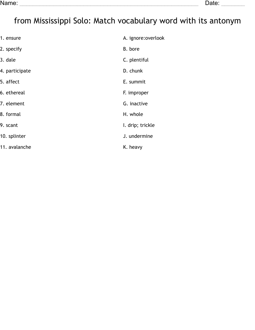 from Mississippi Solo:  Match vocabulary word with its antonym Worksheet