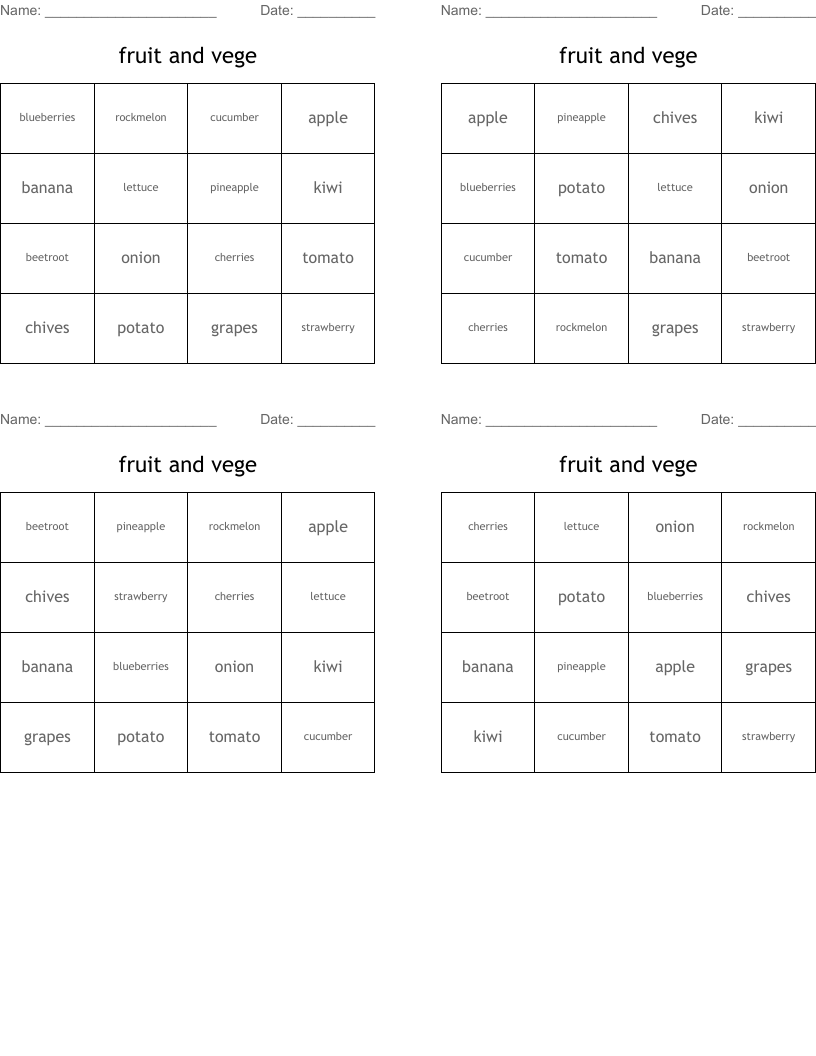 fruit and vege Bingo Cards