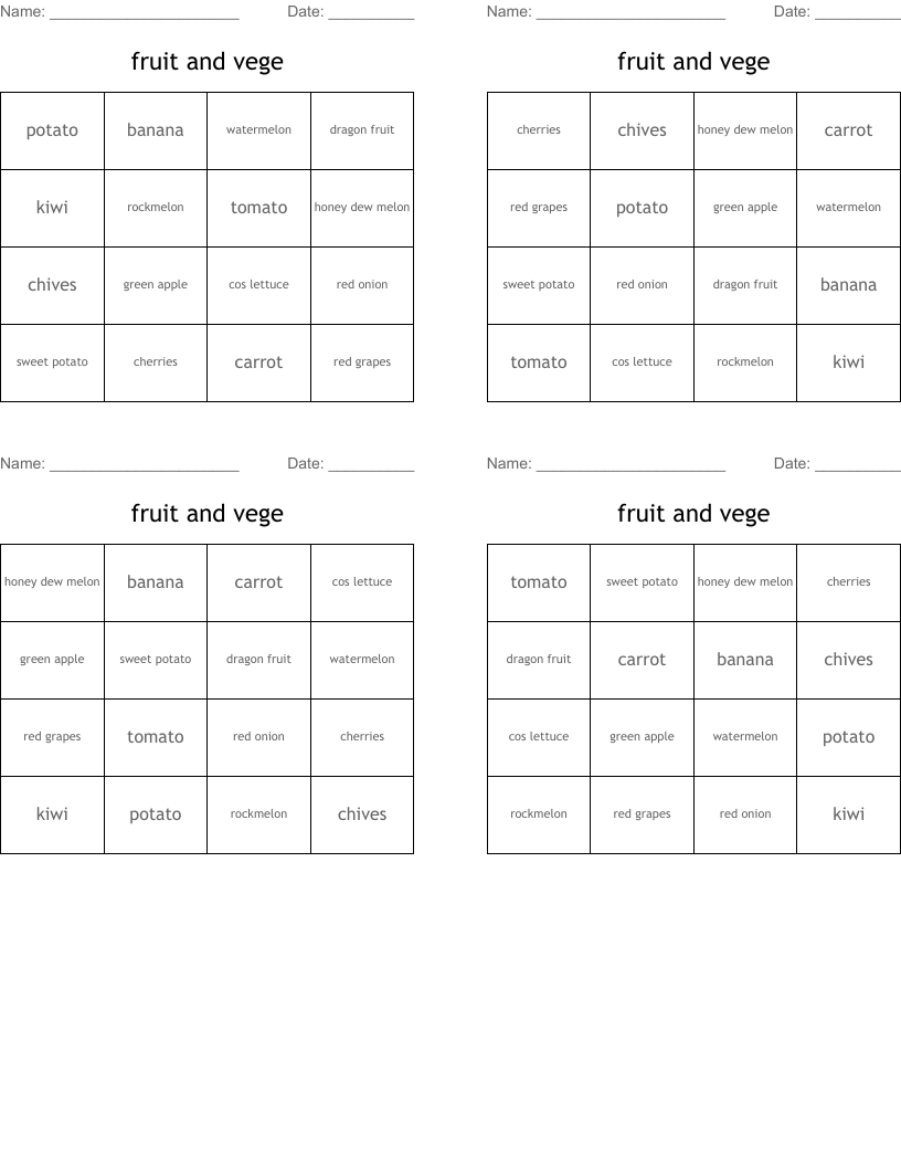 fruit and vege Bingo Cards