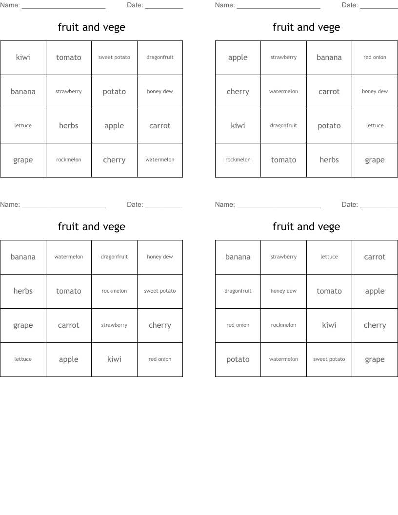 fruit and vege Bingo Cards