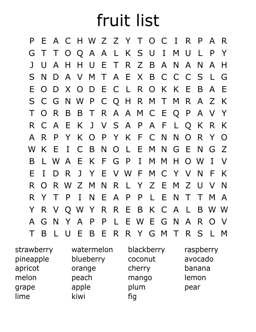fruit list Word Search