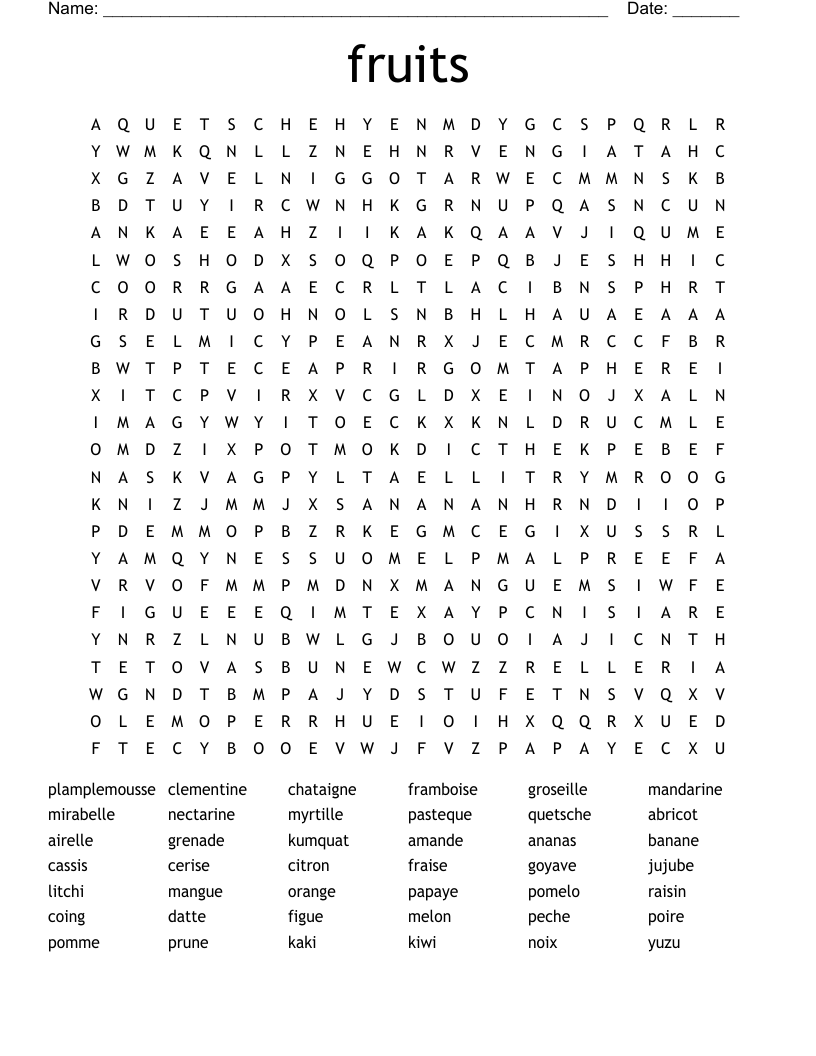 fruits Word Search