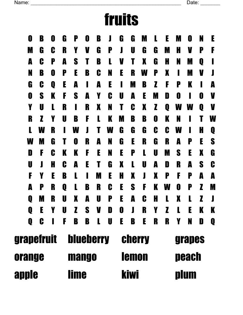 fruits Word Search