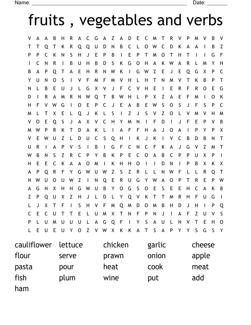 fruits ,  vegetables and verbs Word Search