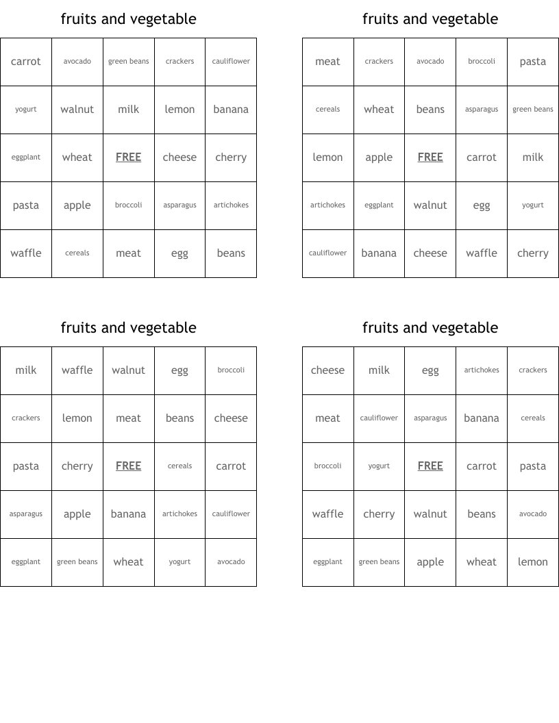 fruits and vegetable Bingo Cards