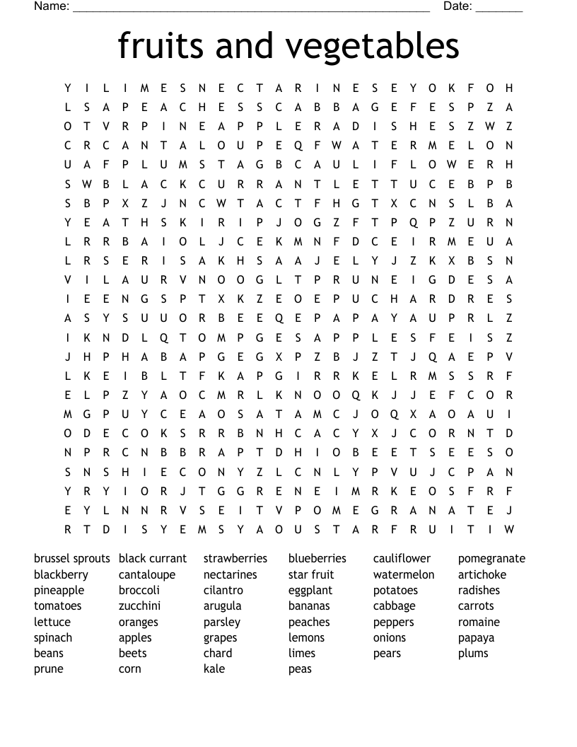 fruits and vegetables Word Search
