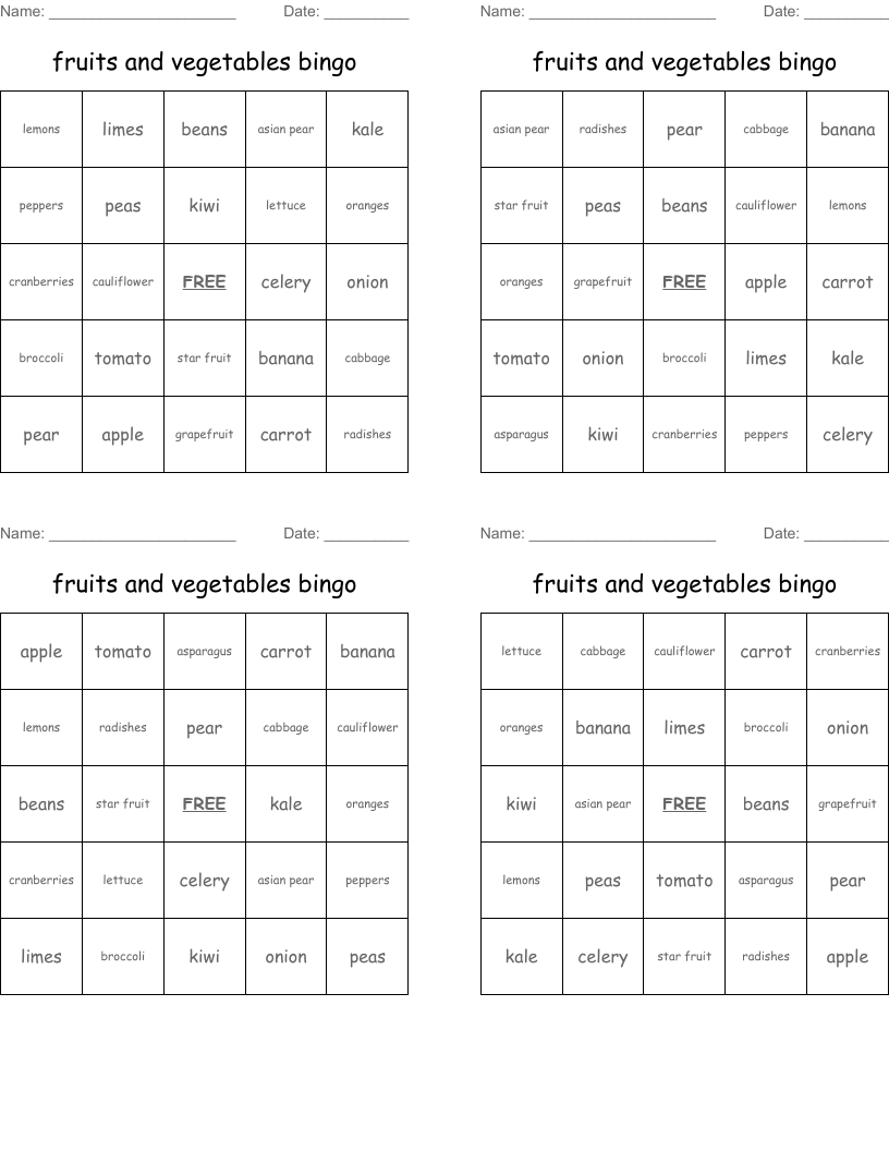 fruits and vegetables bingo