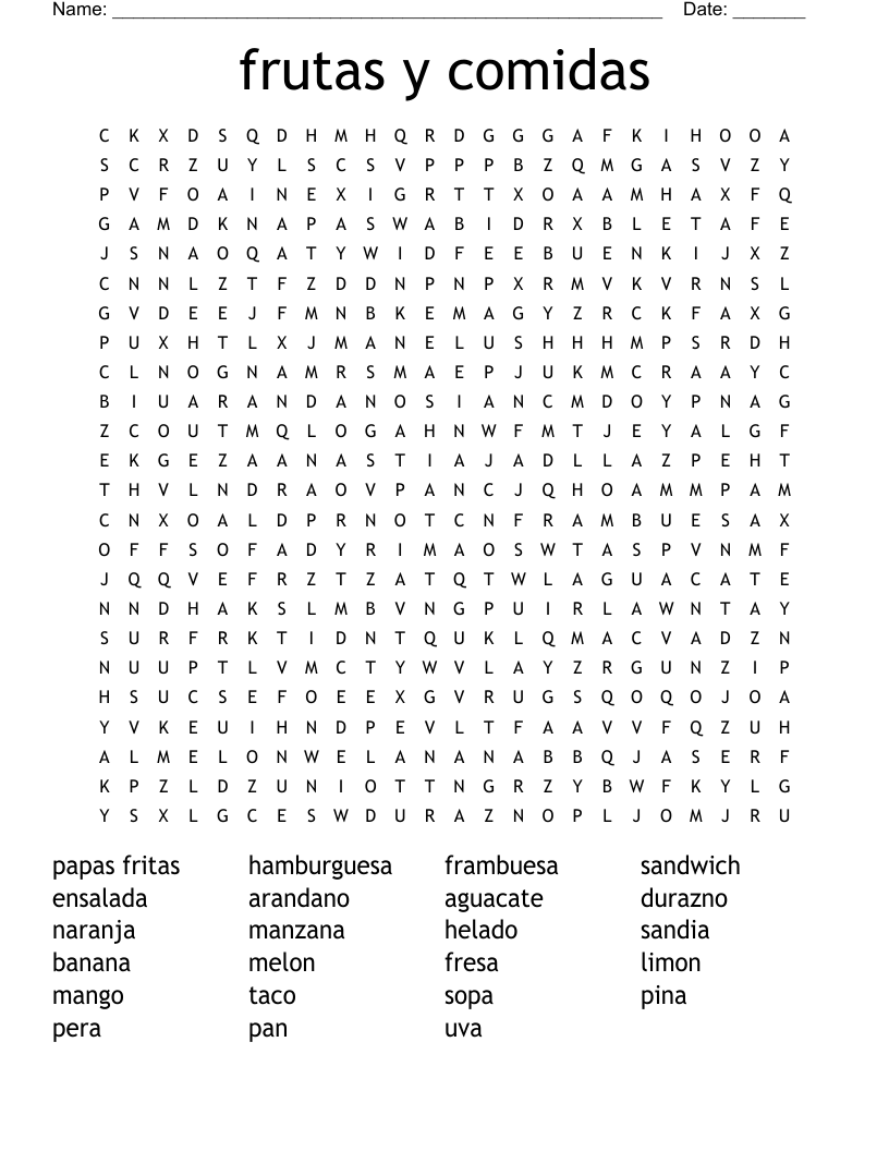 frutas y comidas Word Search