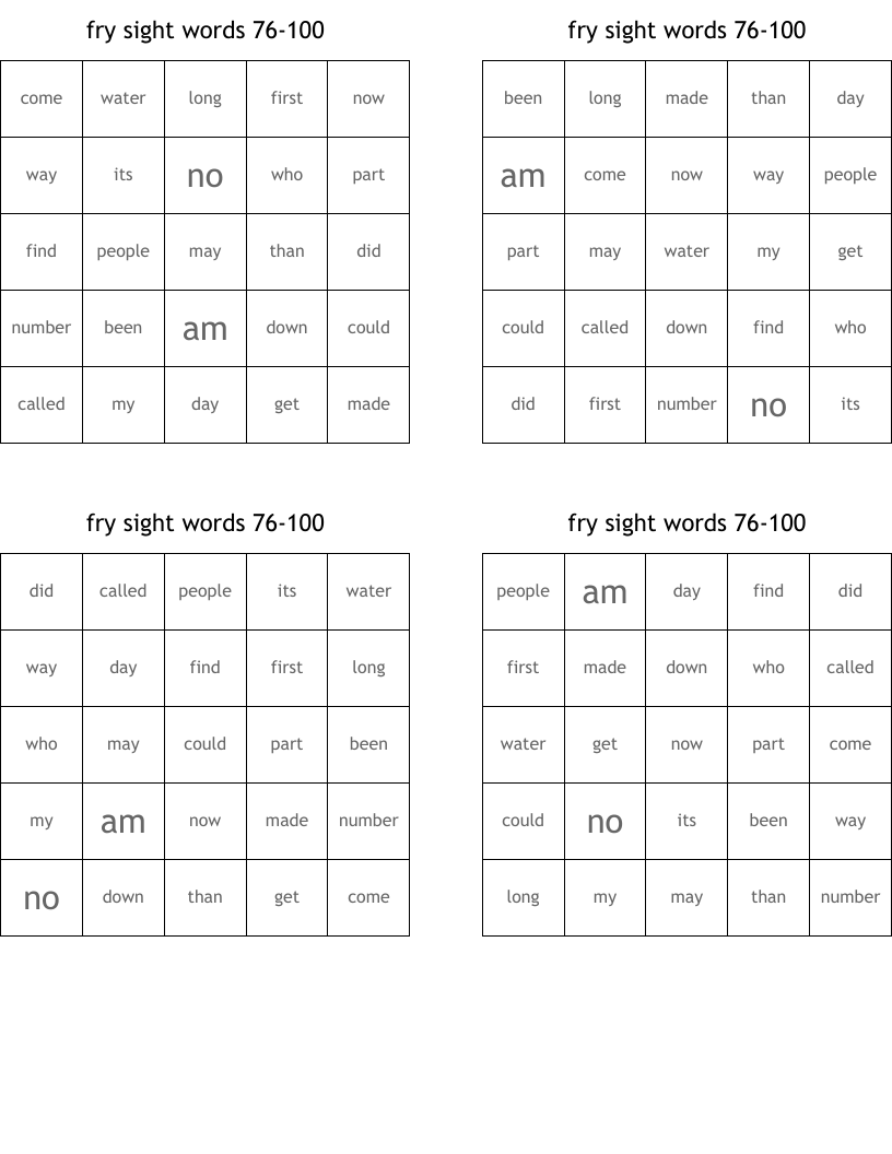 fry sight words 76-100 Bingo Cards