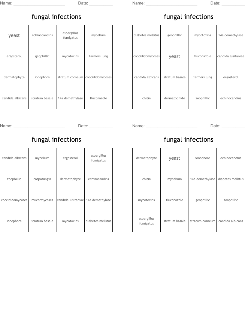 fungal infections Bingo Cards