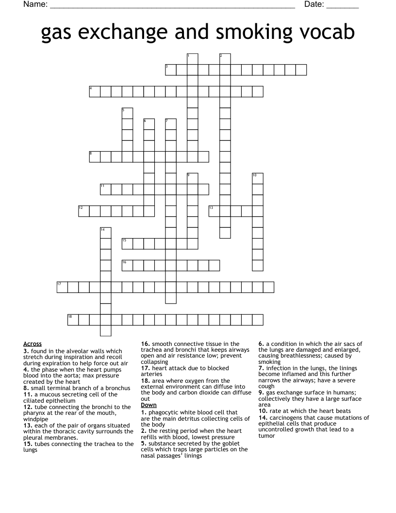 gas exchange and smoking vocab Crossword