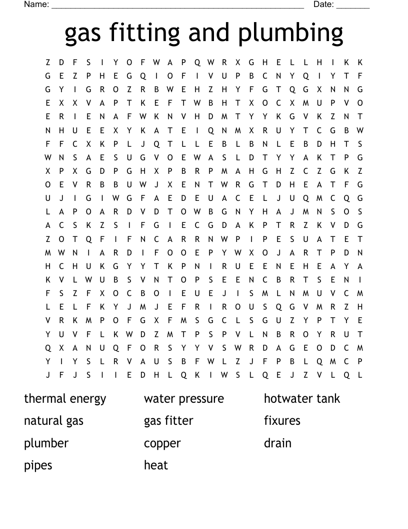 gas fitting and plumbing Word Search