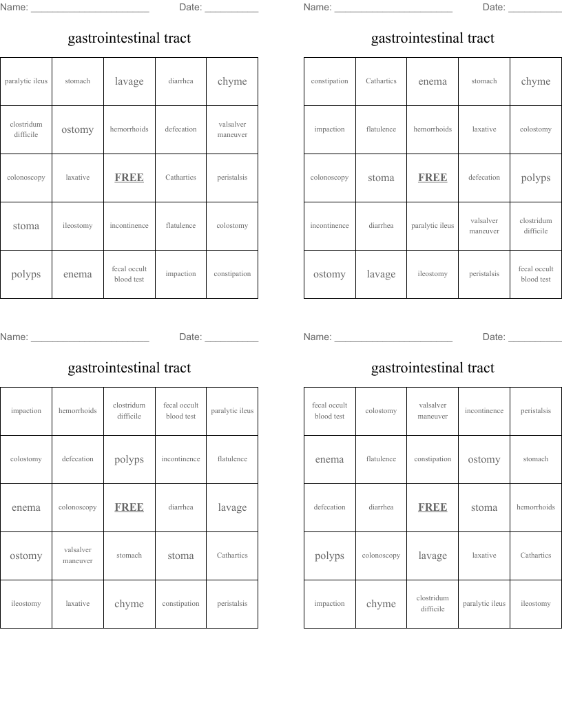 gastrointestinal tract Bingo Cards