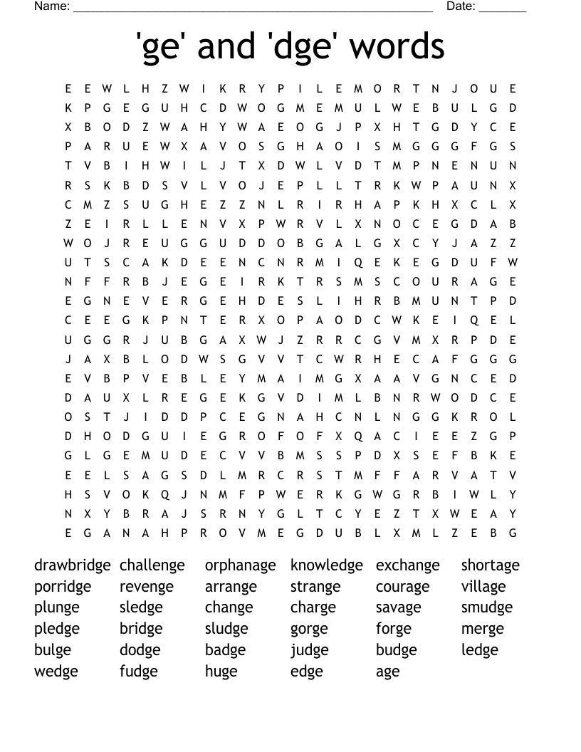 'ge' and 'dge' words Word Search