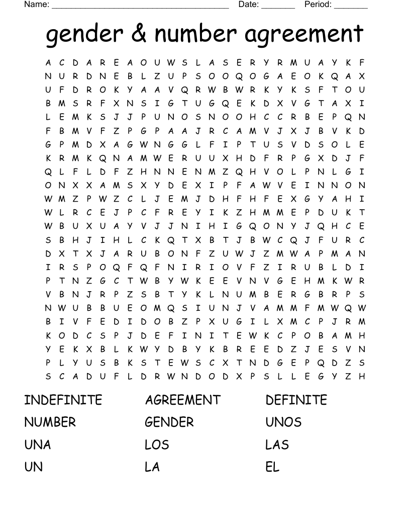 gender & number agreement  Word Search