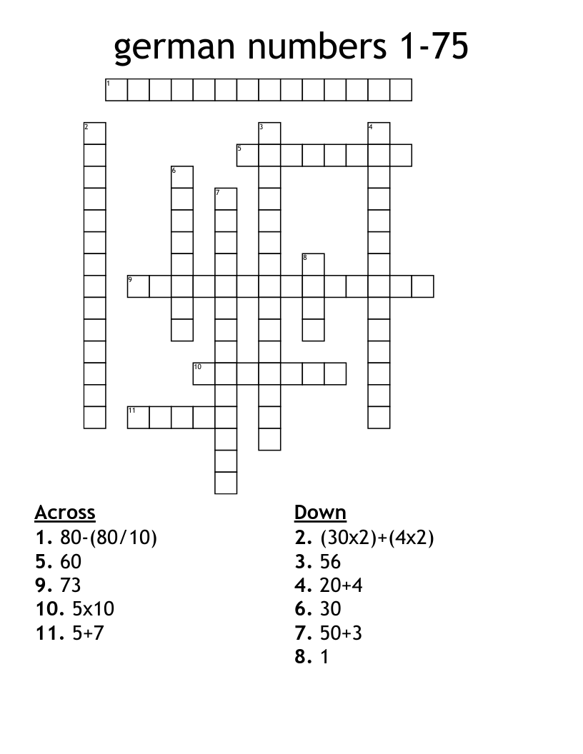 german numbers 1-75 Crossword