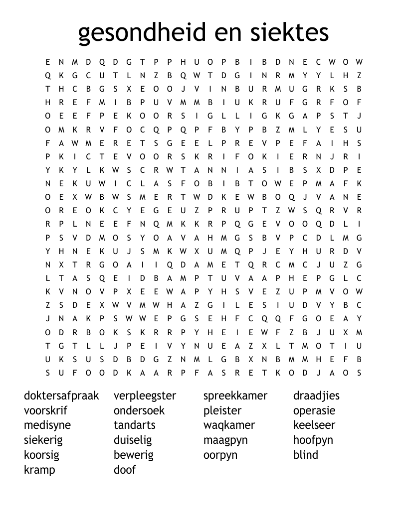 gesondheid en siektes Word Search
