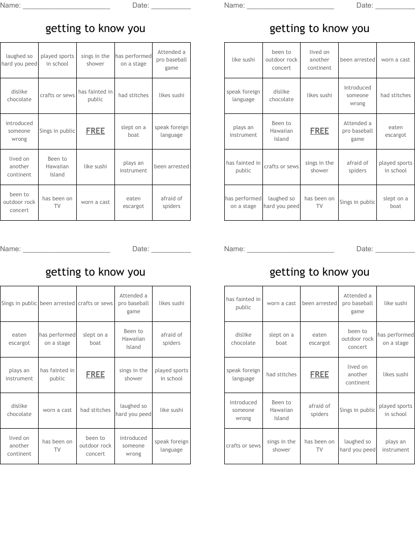 getting to know you Bingo Cards