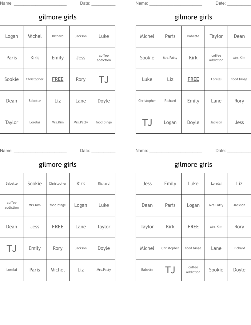 gilmore girls Bingo Cards