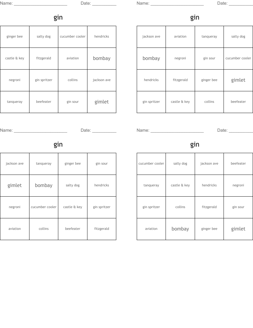 gin Bingo Cards
