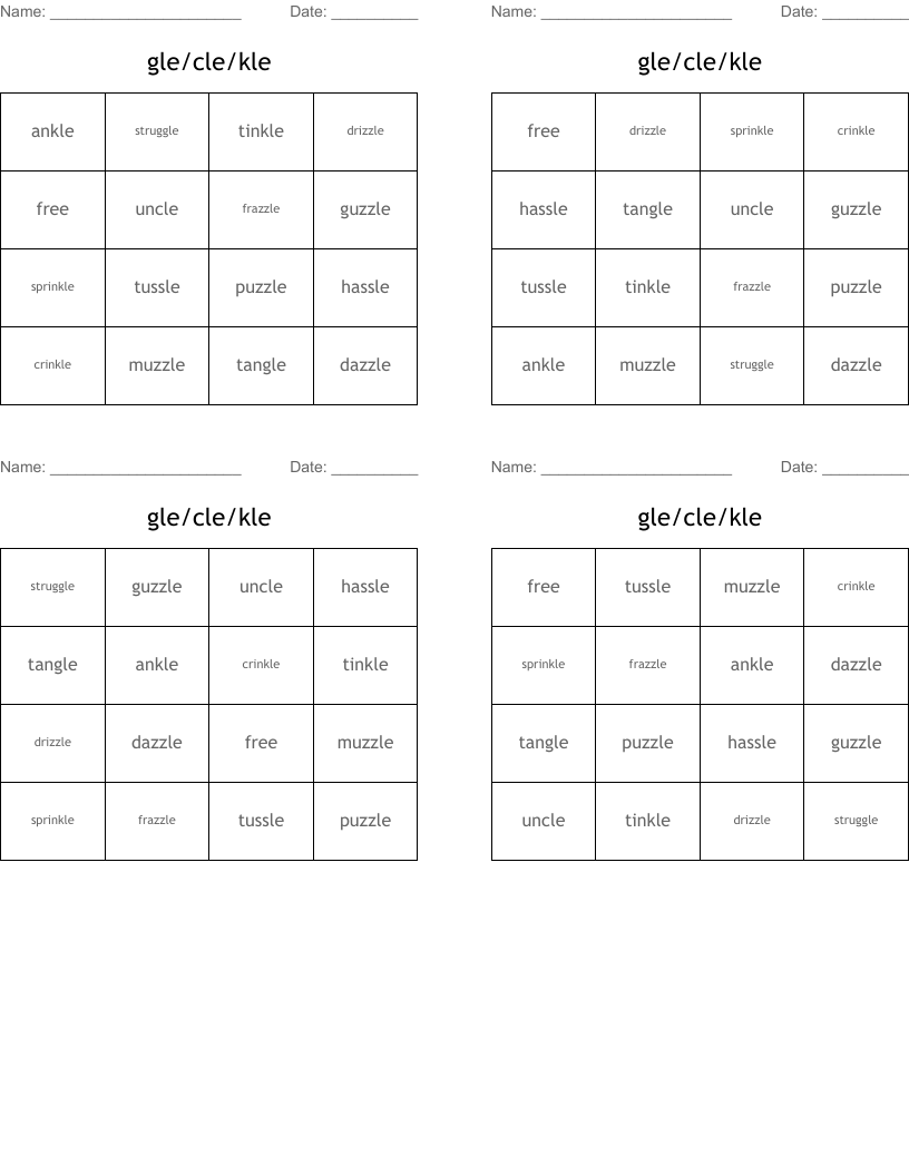 gle/cle/kle Bingo Cards