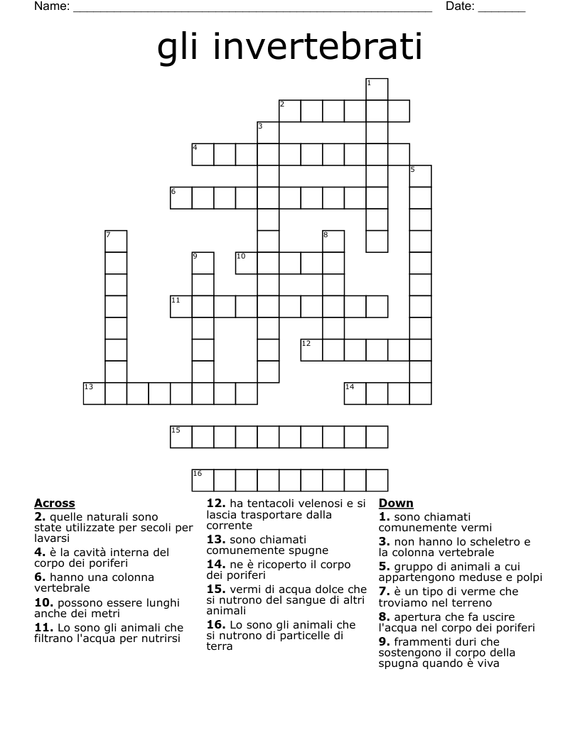 gli invertebrati Crossword