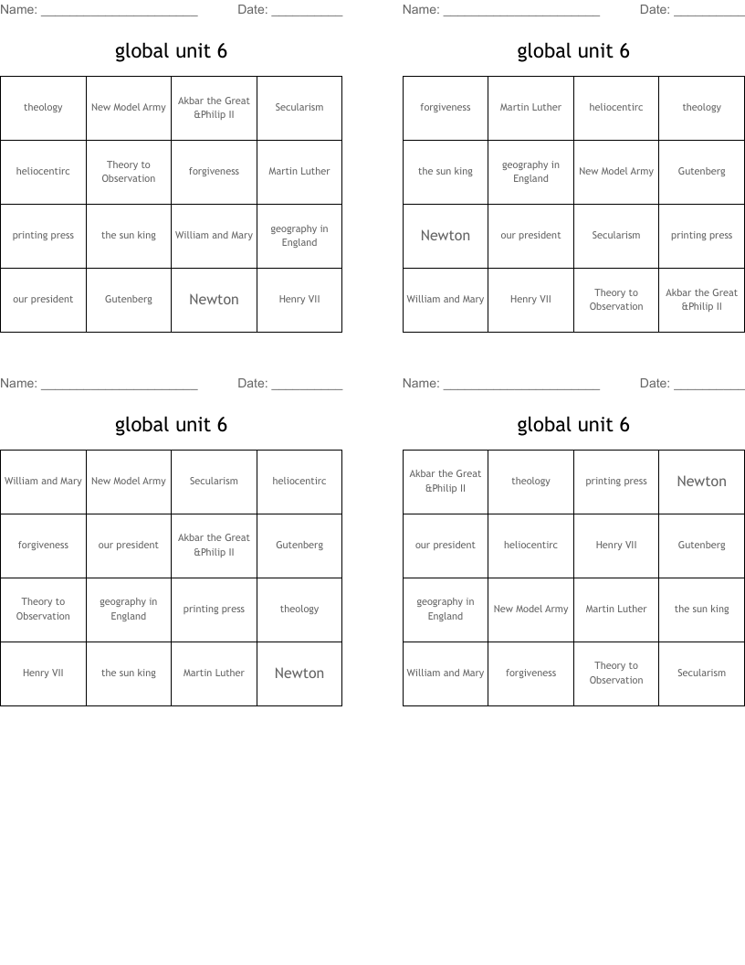 global unit 6 Bingo Cards