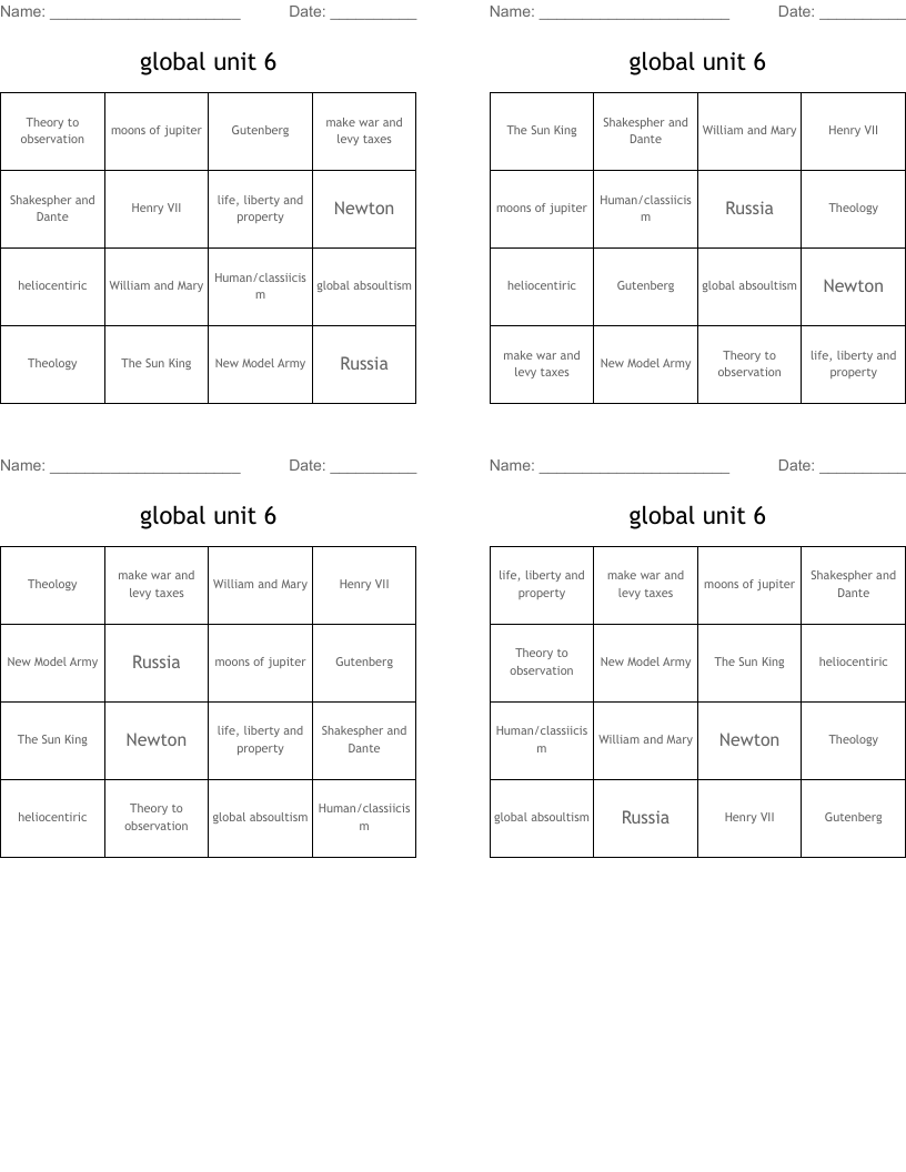 global unit 6 Bingo Cards