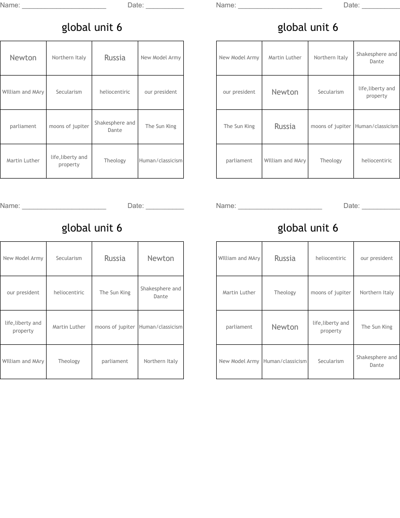 global unit 6 Bingo Cards