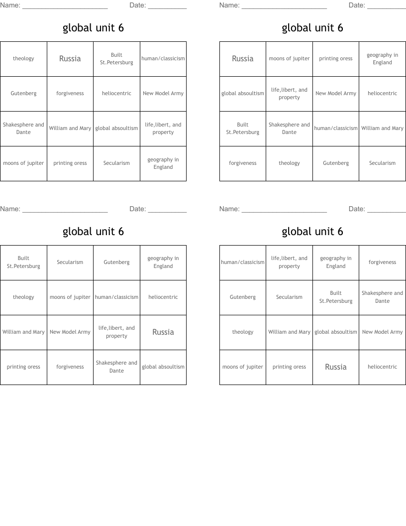 global unit 6 Bingo Cards