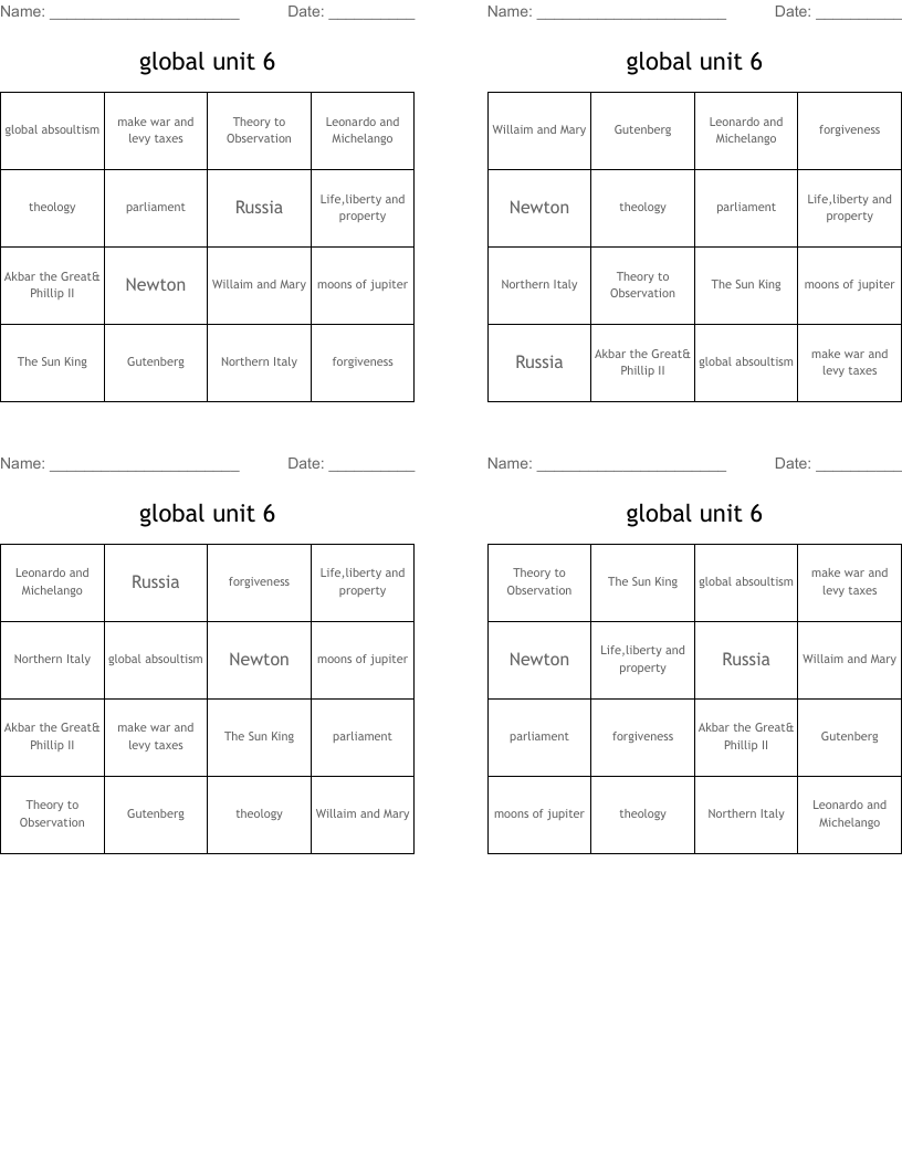 global unit 6 Bingo Cards