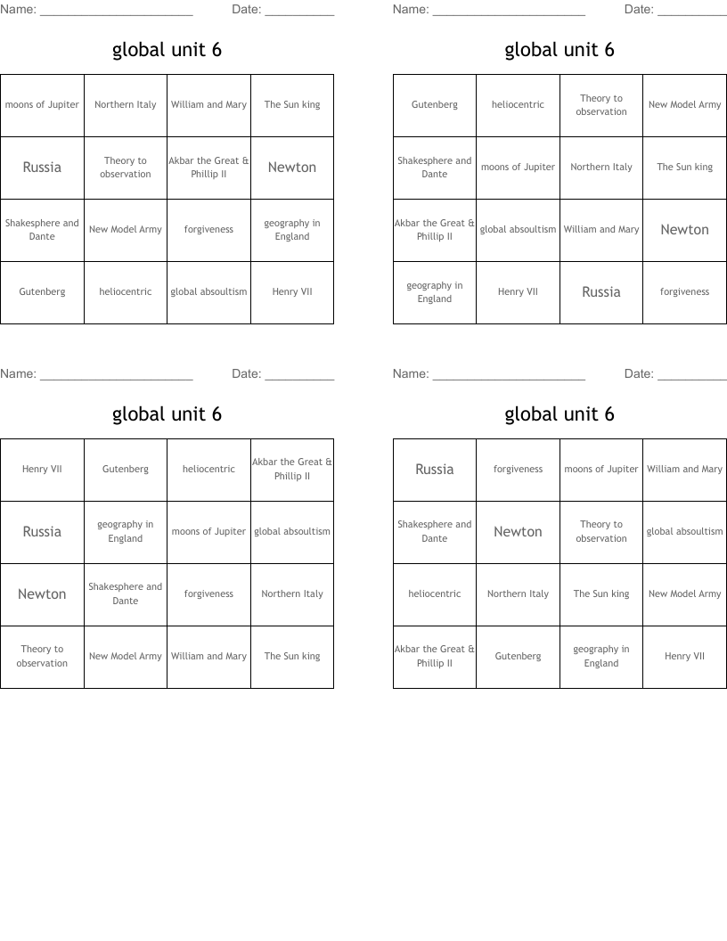 global unit 6 Bingo Cards