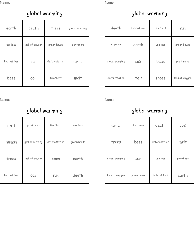 global warming Bingo Cards