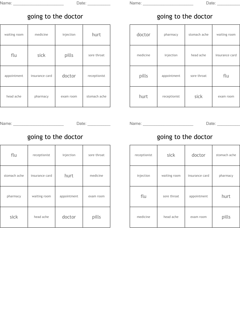 going to the doctor Bingo Cards