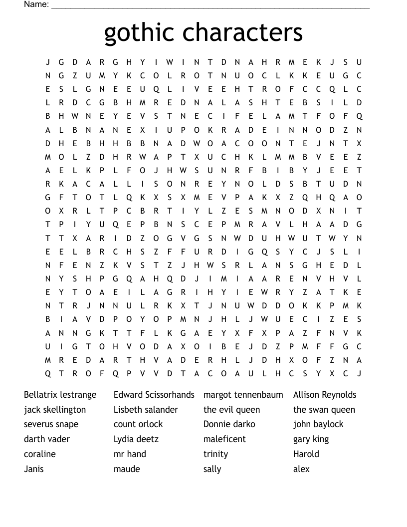 gothic characters Word Search