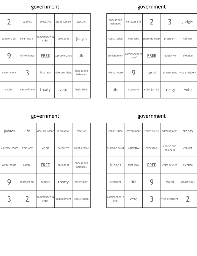 government Bingo Cards